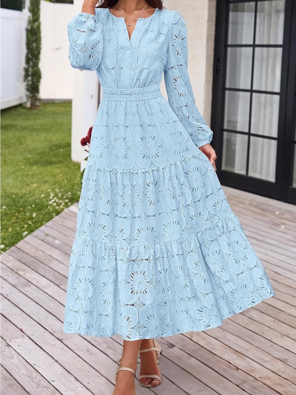 Women's Light Blue Eyelet Long Sleeve Midi Dress